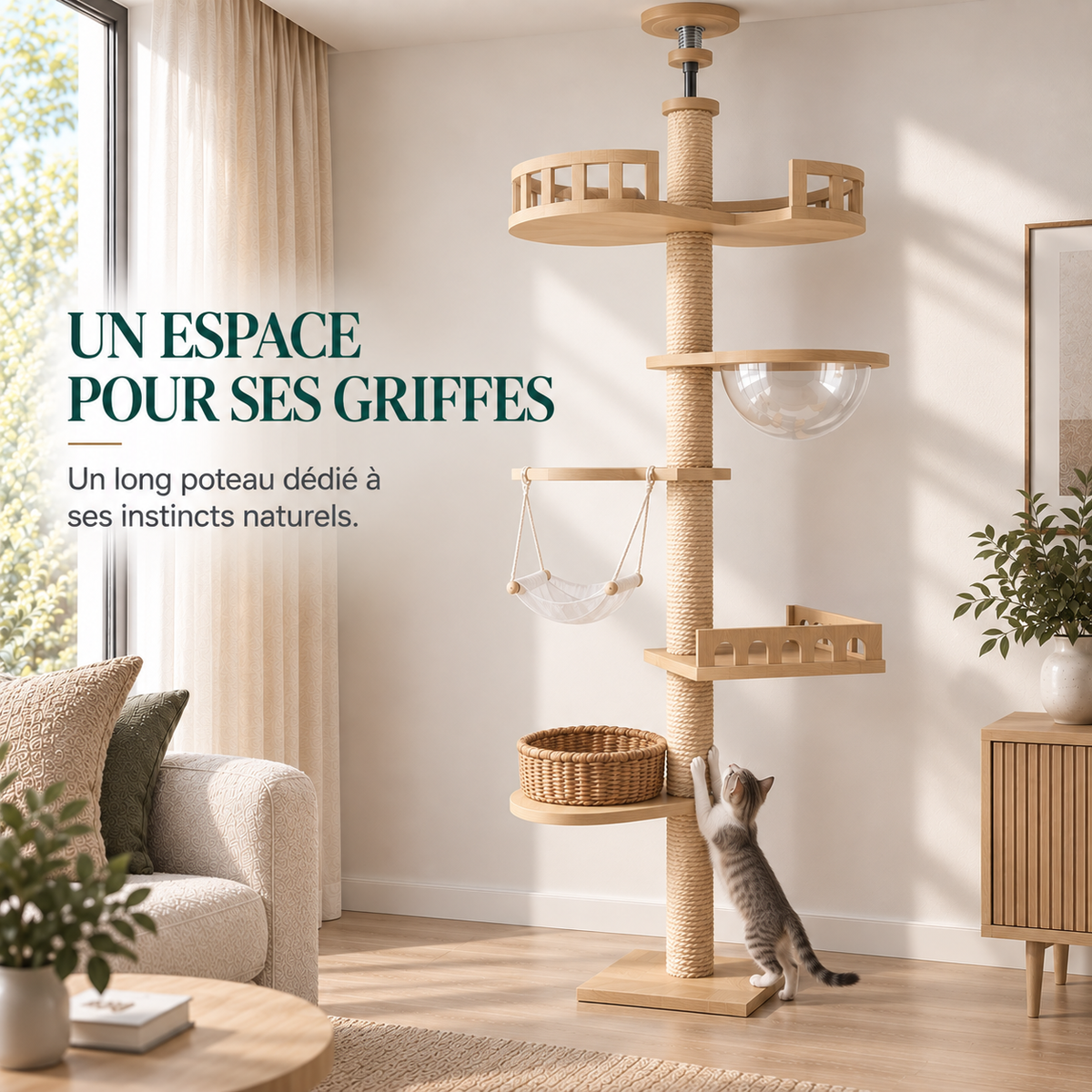 Arbre à chat sol plafond en bois naturel – Pawavo Canopy