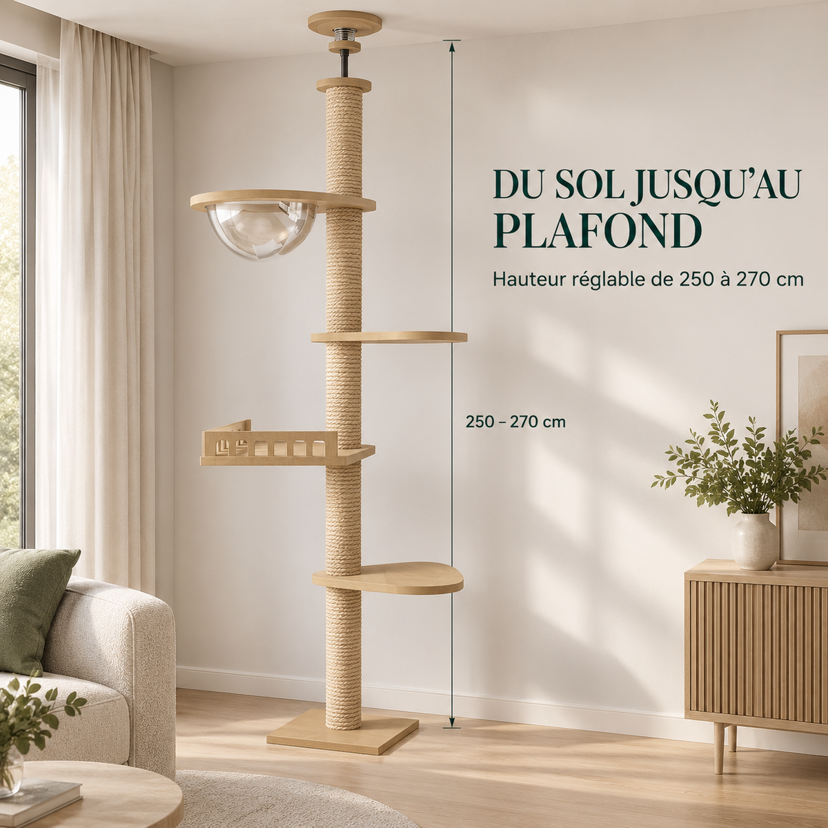 Arbre à chat sol plafond en bois naturel – Pawavo Canopy