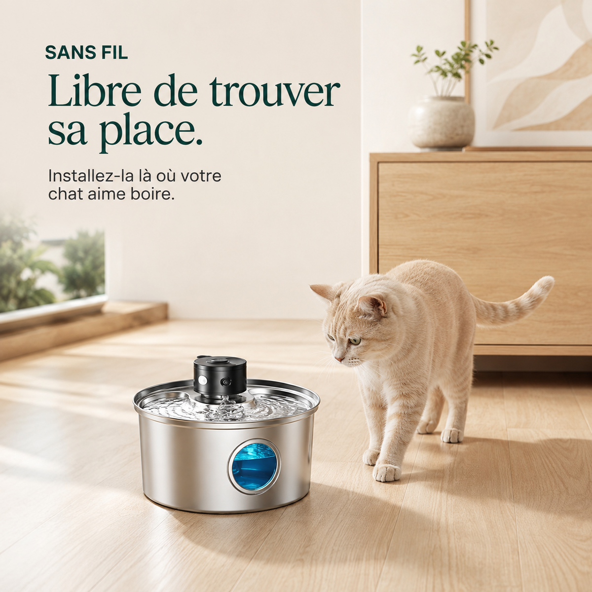 Fontaine à eau pour chat sans fil en inox 3,2 L – Détecteur de mouvement