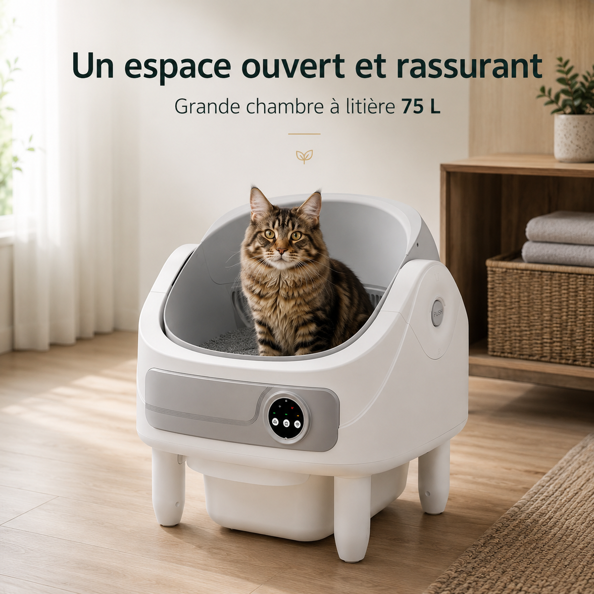 Litière Automatique Ouverte pour Chat – Bio-Radar, Connectée & Sécurisé