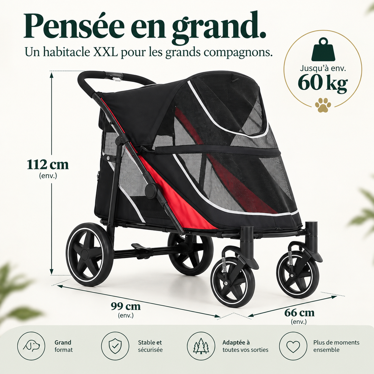 Poussette grand chien XXL pliable jusqu’à 60 kg – Pawavo Titan