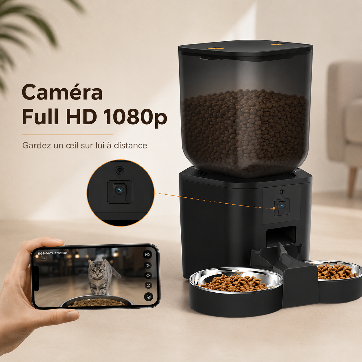 Distributeur Automatique de Croquettes pour Chat 8 L – Grande Capacité & Caméra 1080p