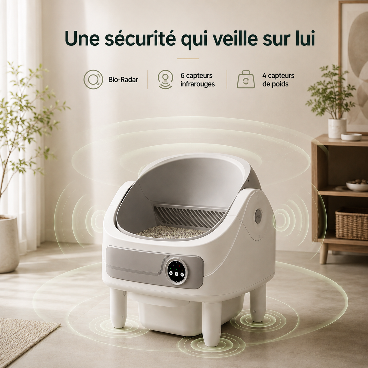 Litière Automatique Ouverte pour Chat – Bio-Radar, Connectée & Sécurisé