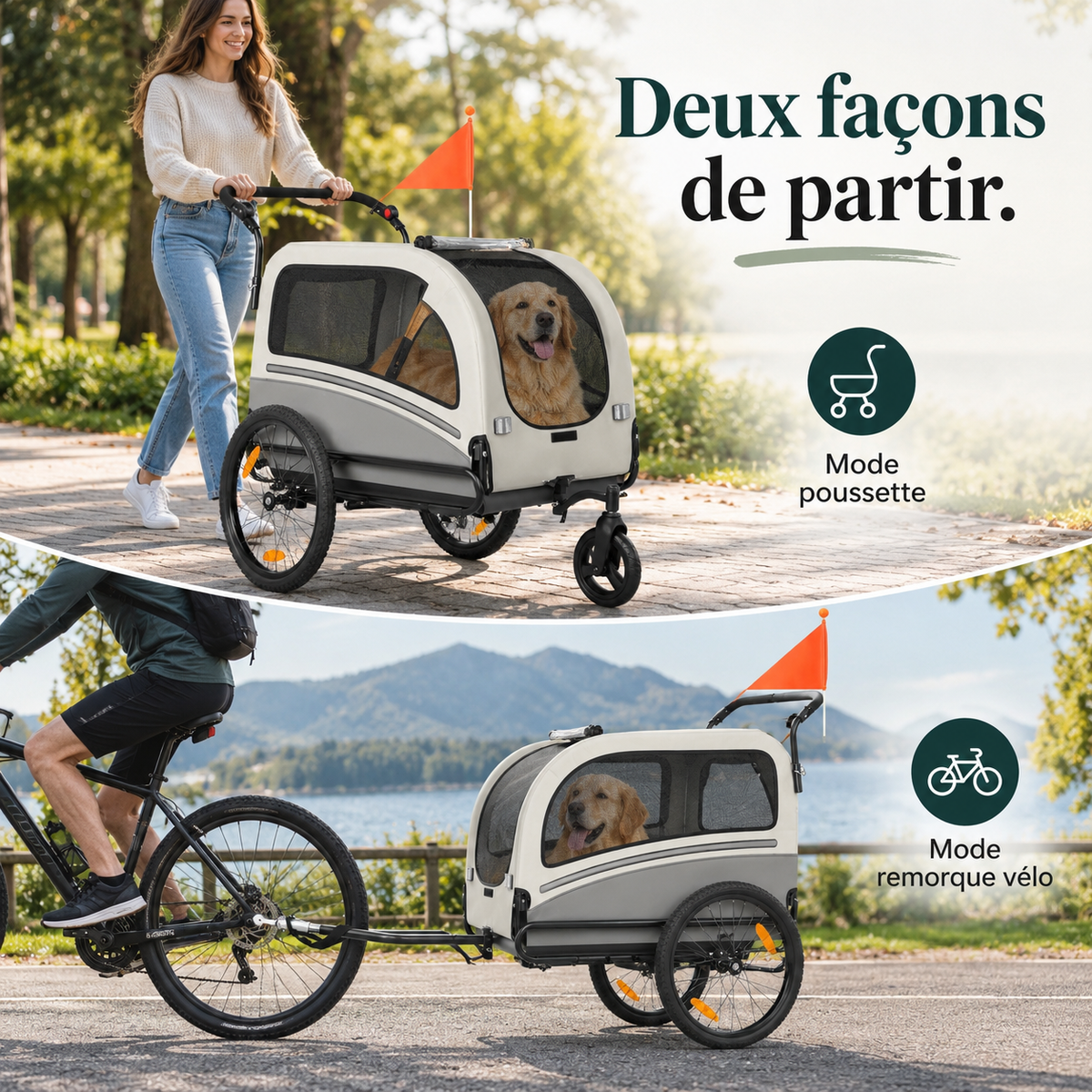 Remorque vélo chien 2 en 1 convertible poussette jusqu’à 50 kg – Pawavo Trail