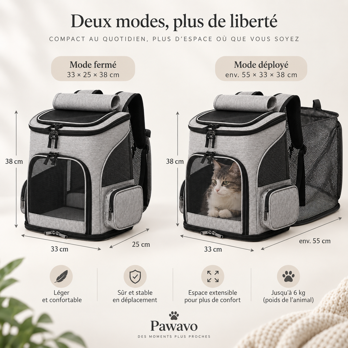 Sac à dos chat extensible, pliable et respirant à grande ouverture – Pawavo Expand