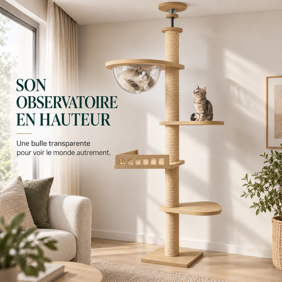 Arbre à chat sol plafond en bois naturel – Pawavo Canopy