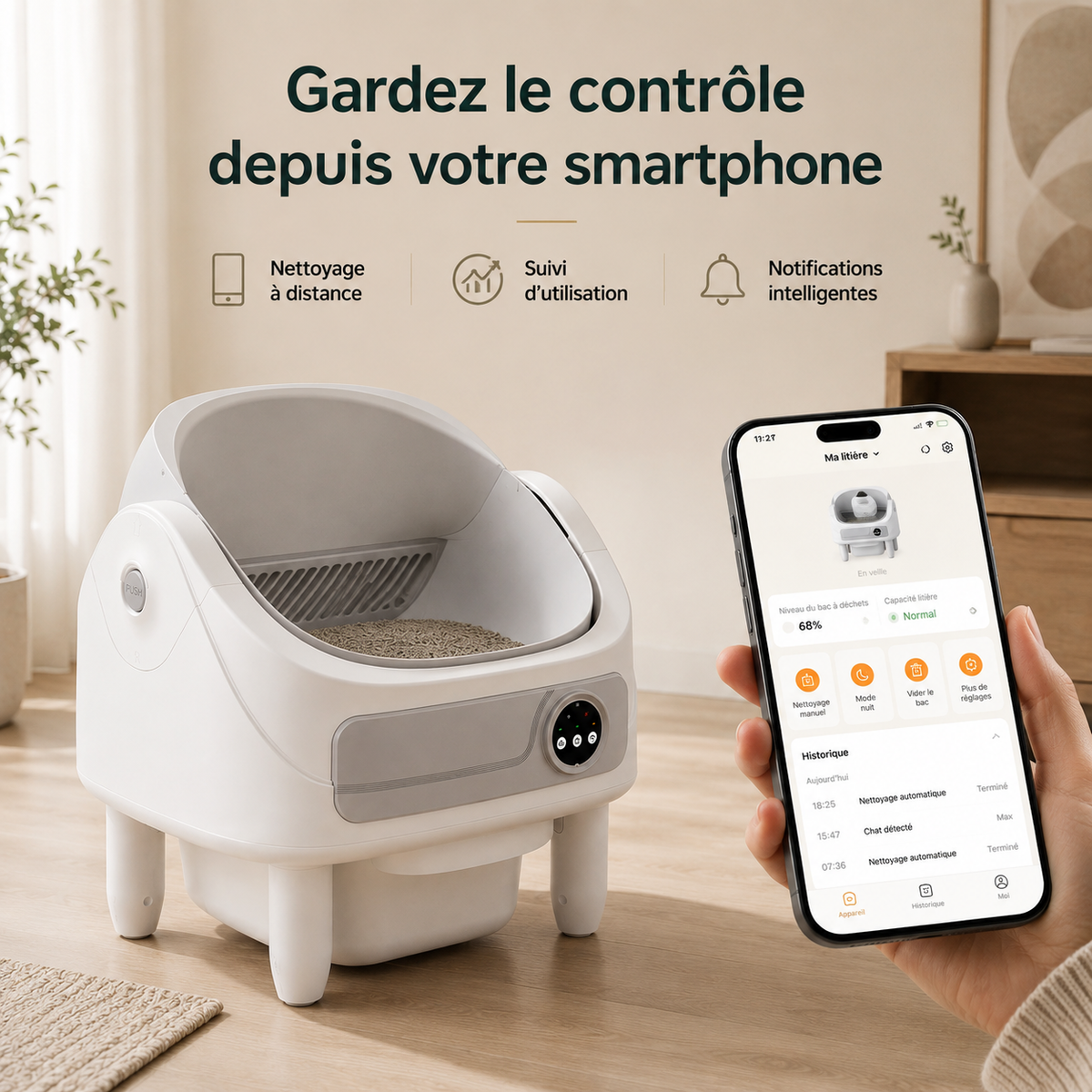 Litière Automatique Ouverte pour Chat – Bio-Radar, Connectée & Sécurisé