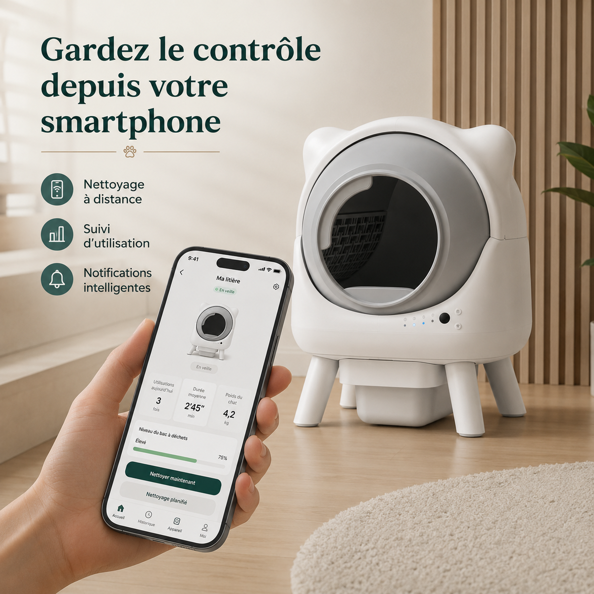 Litière Automatique pour Chat Fermée – Autonettoyante & Connectée