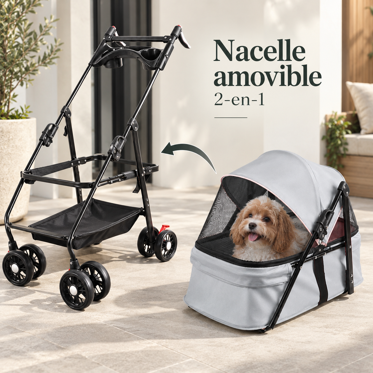 Poussette pour chien 2-en-1 avec nacelle amovible | Pawavo Move