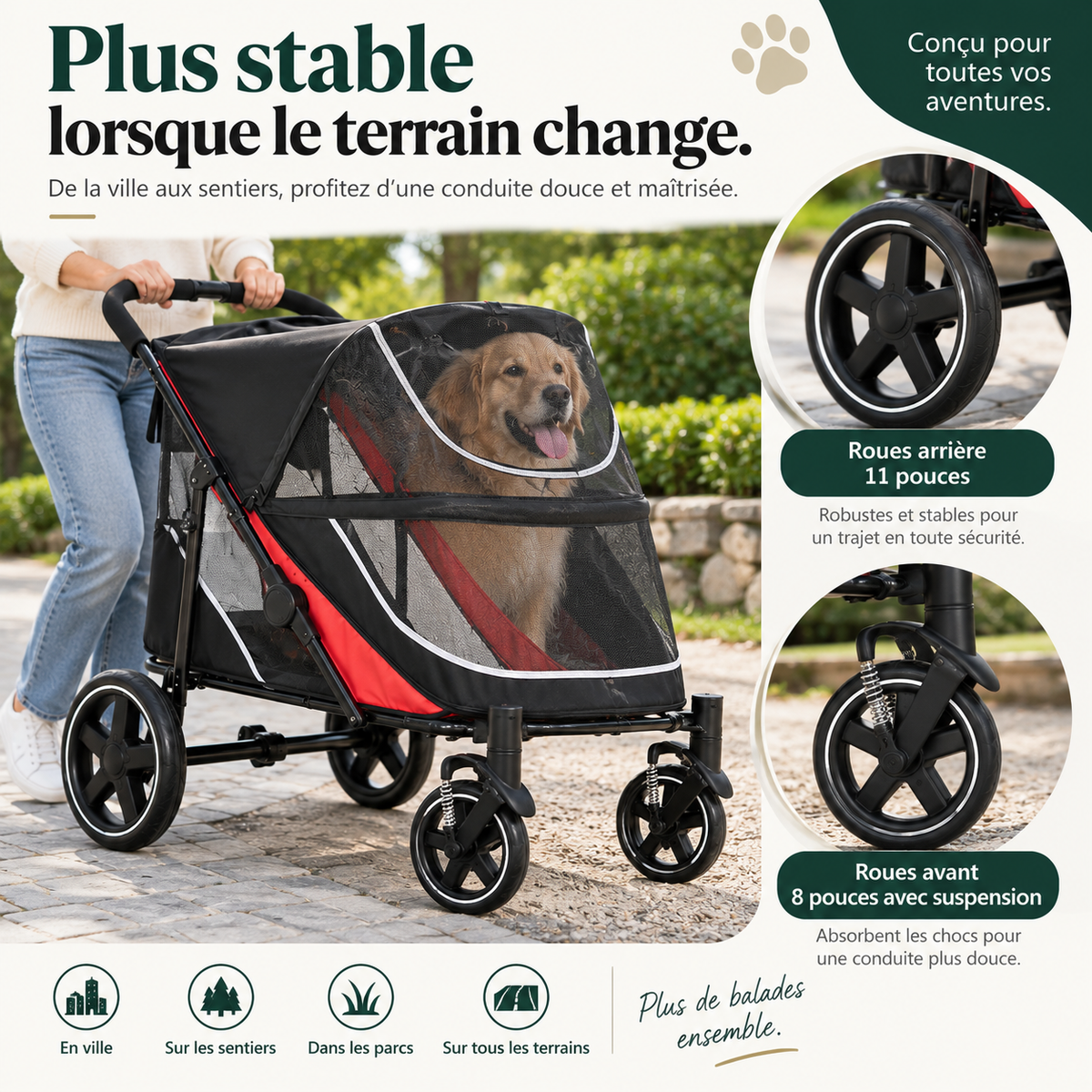 Poussette grand chien XXL pliable jusqu’à 60 kg – Pawavo Titan