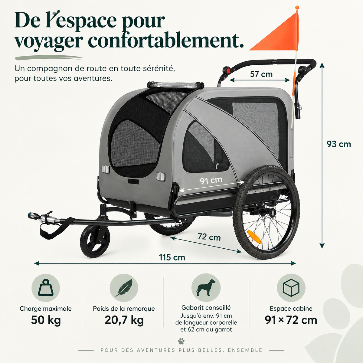 Remorque vélo chien 2 en 1 convertible poussette jusqu’à 50 kg – Pawavo Trail