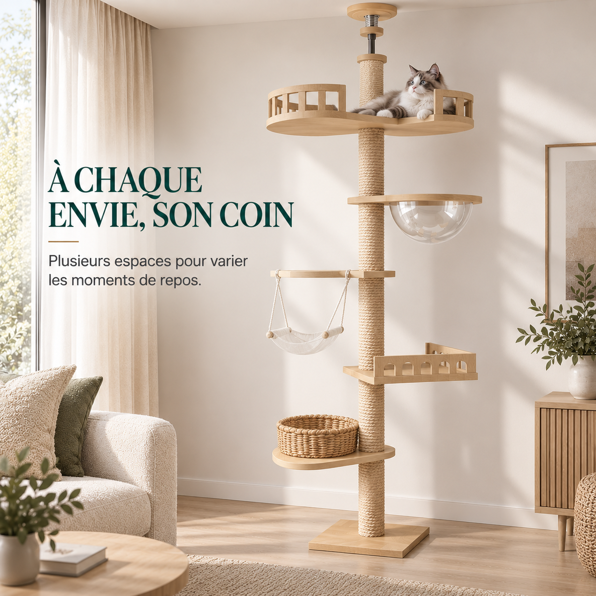 Arbre à chat sol plafond en bois naturel – Pawavo Canopy