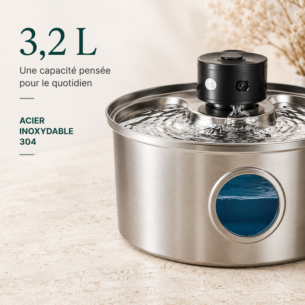 Fontaine à eau pour chat sans fil en inox 3,2 L – Détecteur de mouvement