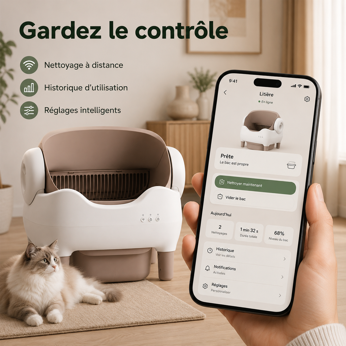 Bac à Litière Autonettoyant Ouvert pour Chat – Connecté, Silencieux & Grand Format