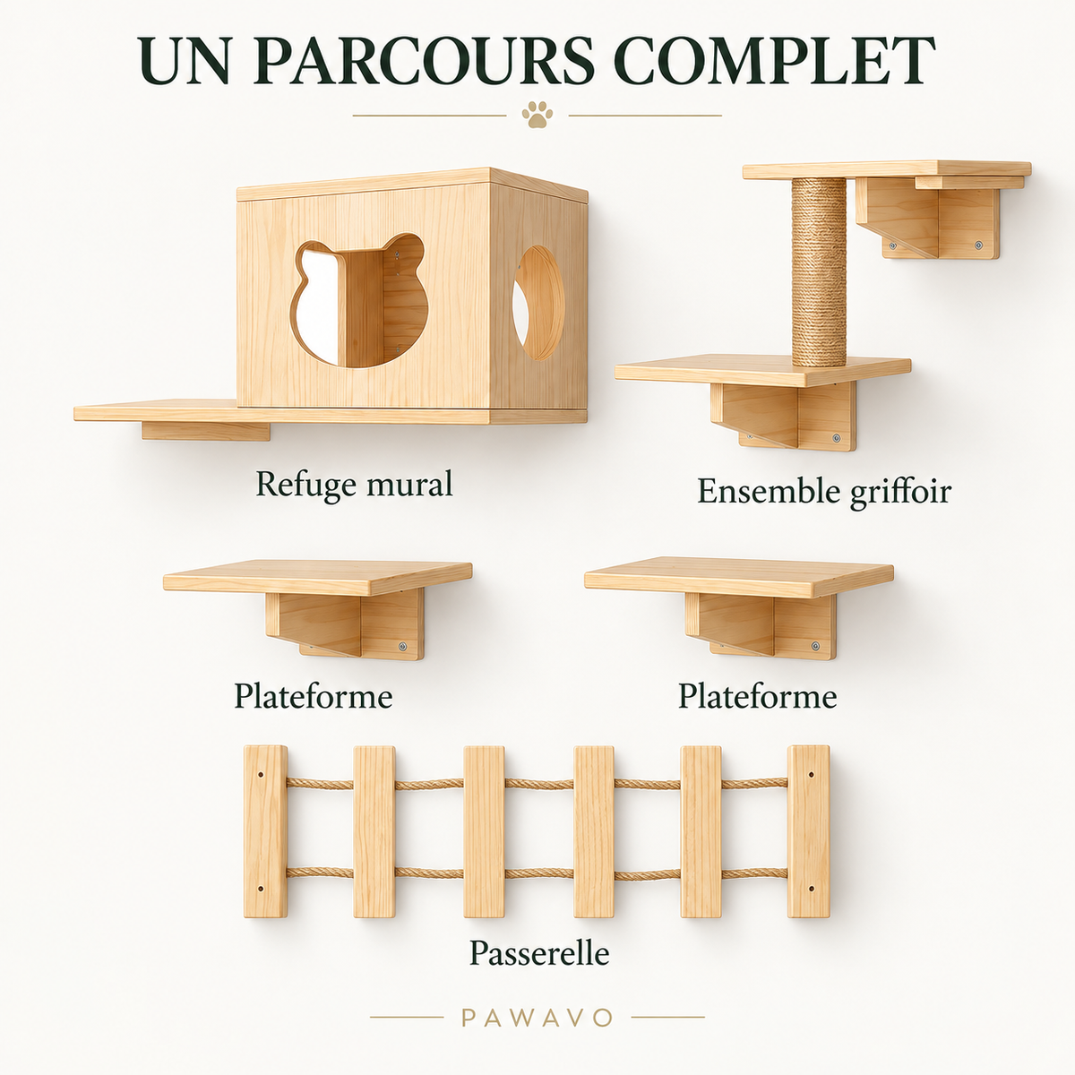 Parcours mural pour chat en bois – Pawavo Wallscape