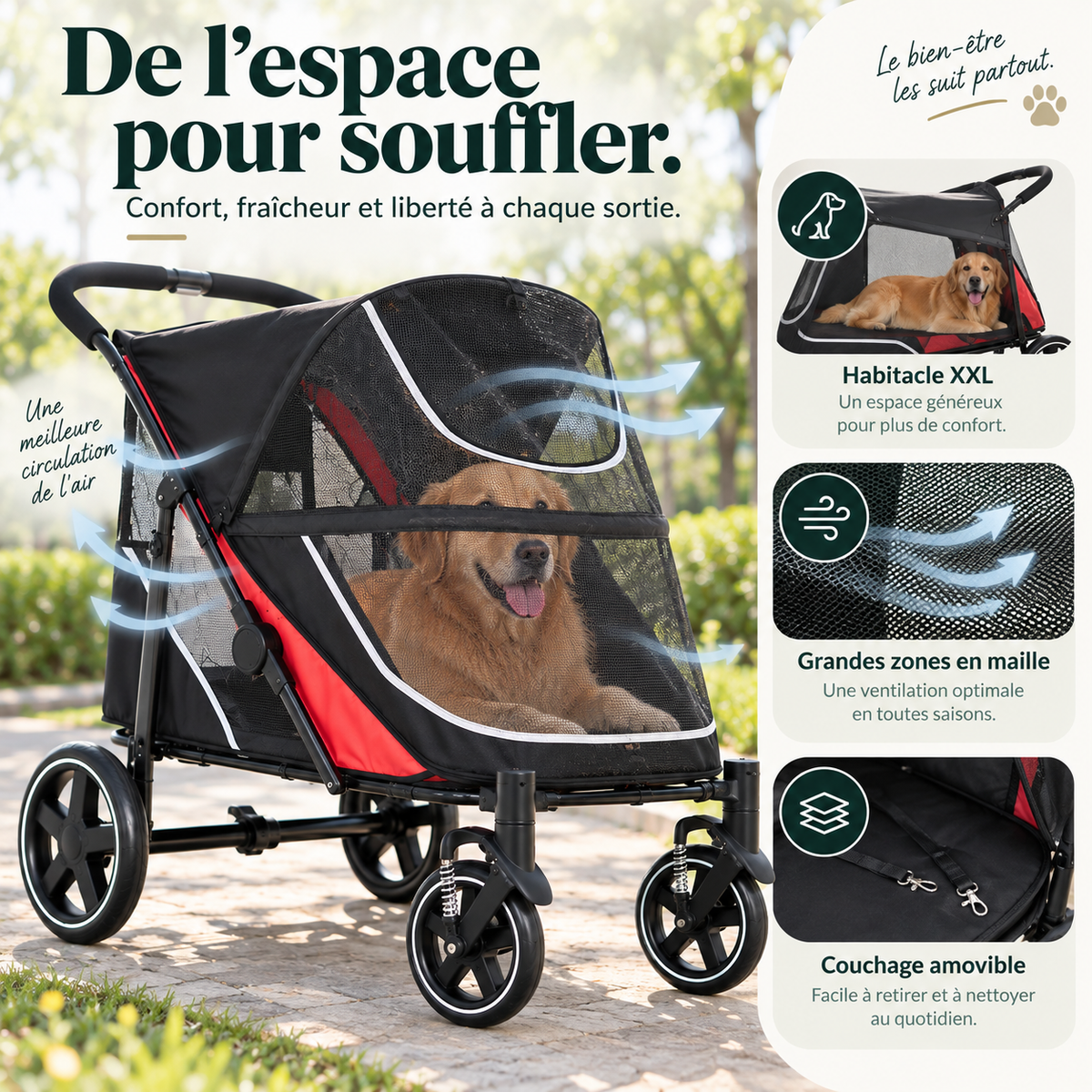 Poussette grand chien XXL pliable jusqu’à 60 kg – Pawavo Titan