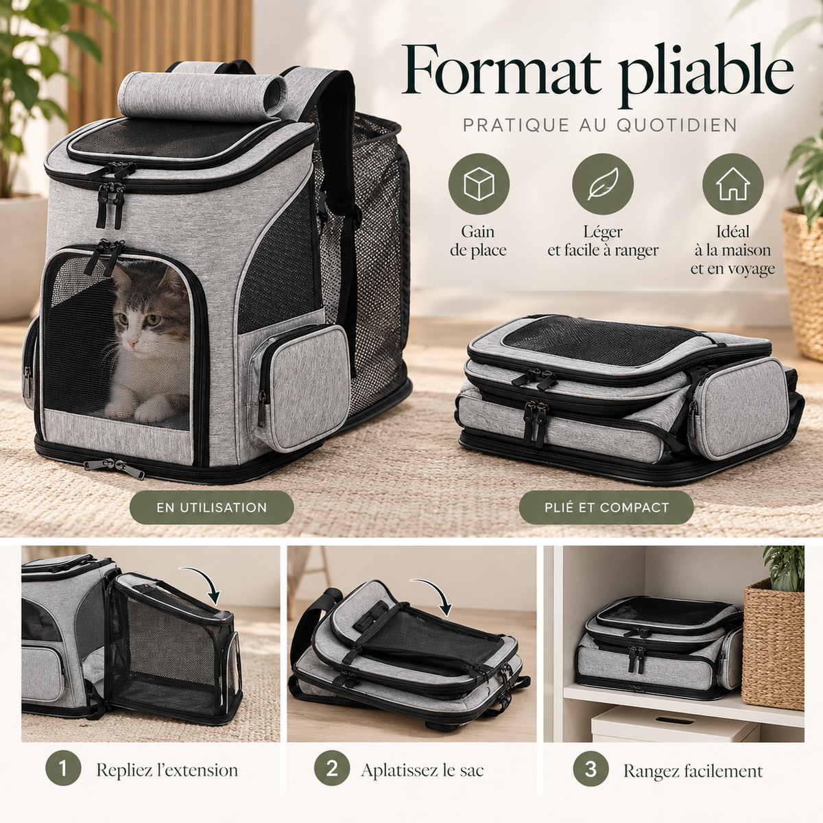 Sac à dos chat extensible, pliable et respirant à grande ouverture – Pawavo Expand