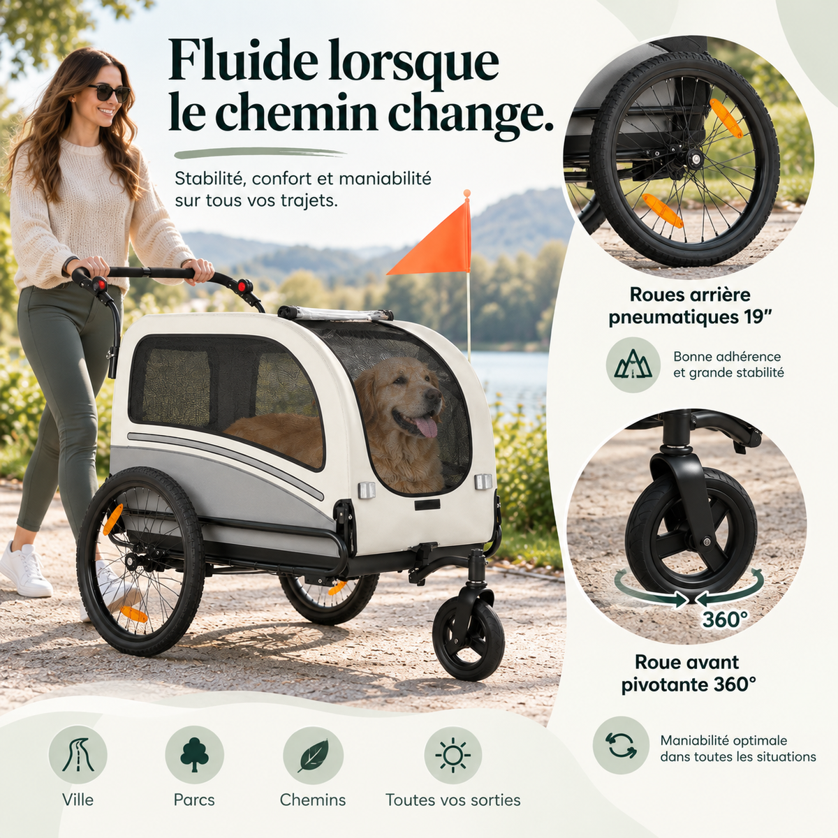 Remorque vélo chien 2 en 1 convertible poussette jusqu’à 50 kg – Pawavo Trail
