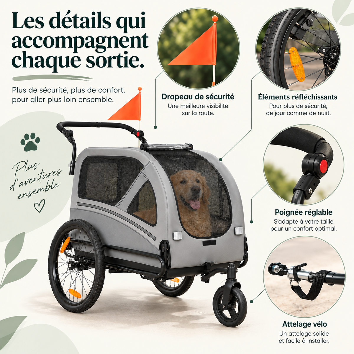 Remorque vélo chien 2 en 1 convertible poussette jusqu’à 50 kg – Pawavo Trail