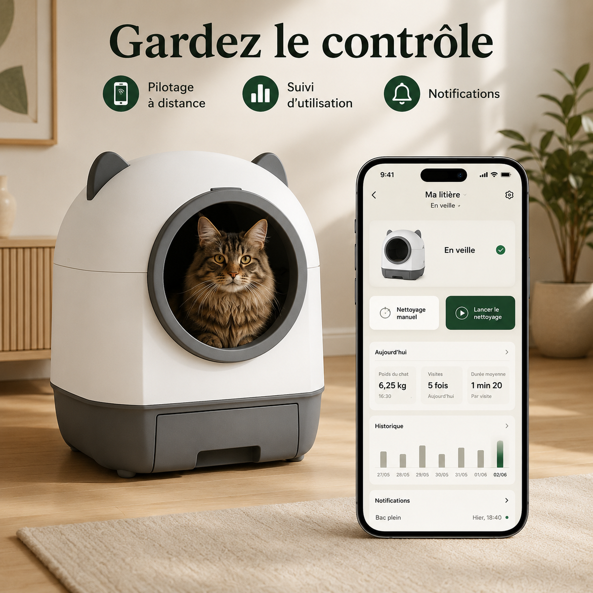 Litière Automatique XXL pour Chat – Grand Format, Autonettoyante & Connectée