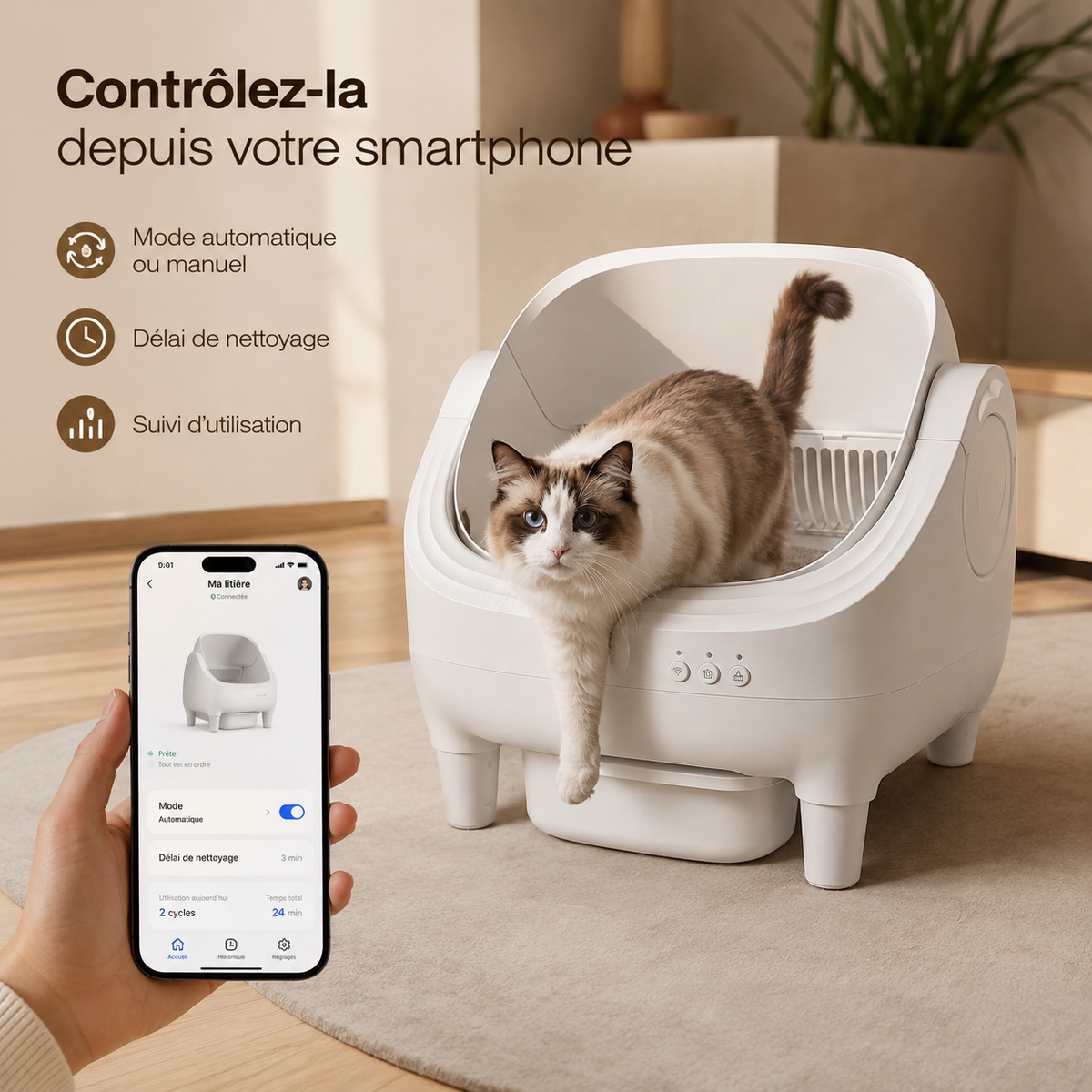 Litière Automatique pour chat – Autonettoyante, Connectée & Sécurisé